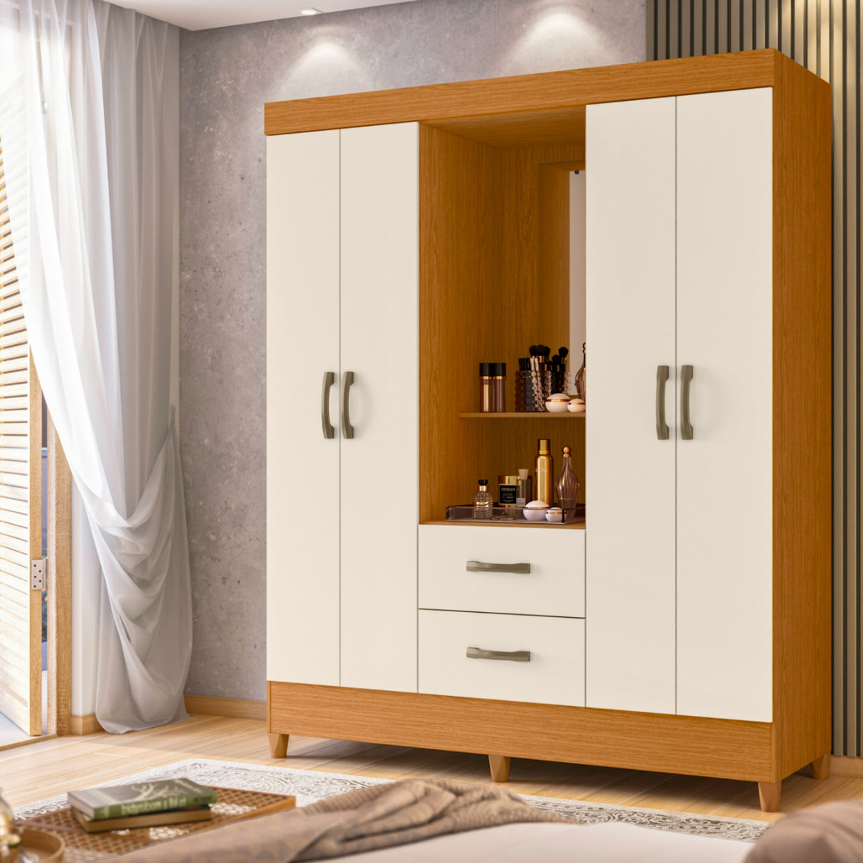 Armario para Ropa Moobi Café y Beige 147x181cm con Dos Cajones con Cuatro Puertas y con Espejo - CLOSETS | Bylmo