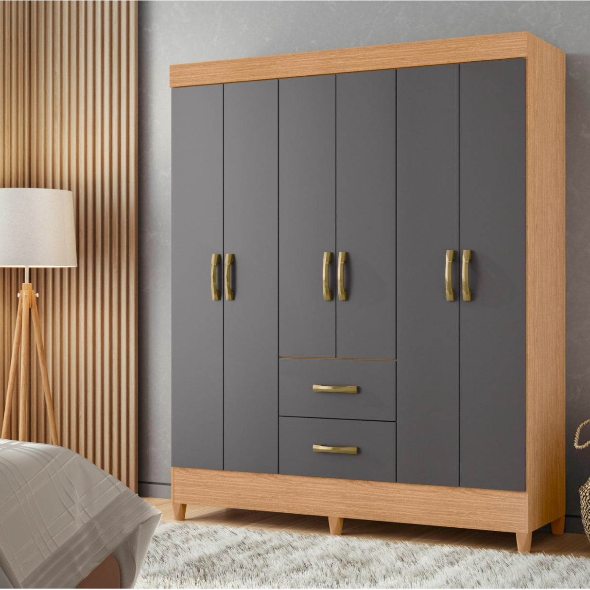 Armario para Ropa Moobi Café y Gris 147x181cm con Dos Cajones y con Seis Puertas