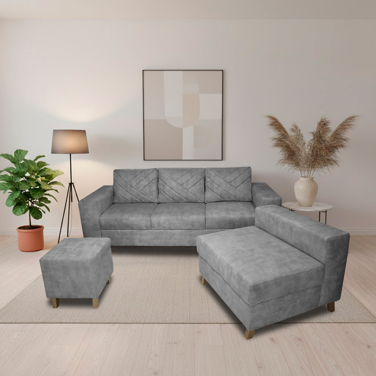 Sala Amsterdam Gris 205x72cm de Tela Amigable con Mascotas + Silla + Puff - SOFAS Y POLTRONAS | Bylmo