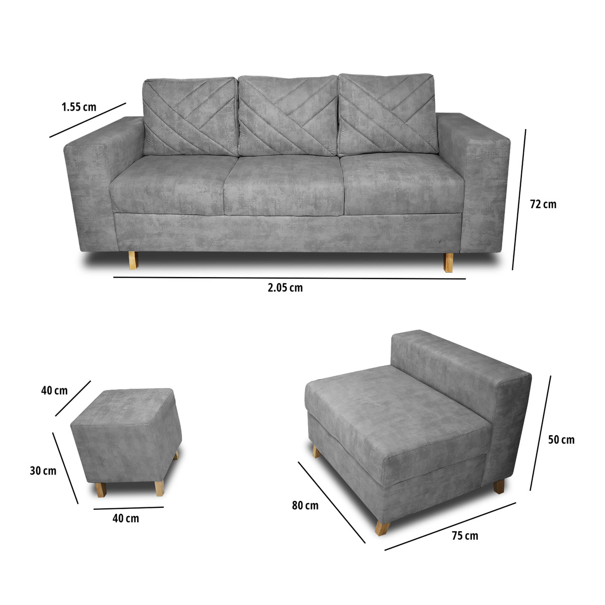 Sala Amsterdam Gris 205x72cm de Tela Amigable con Mascotas + Silla + Puff - SOFAS Y POLTRONAS | Bylmo