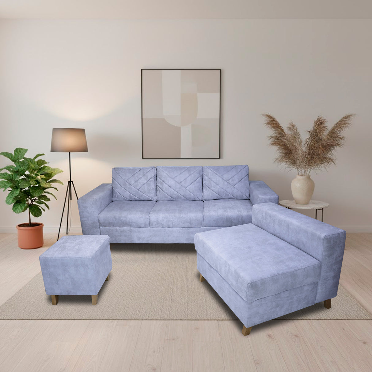 Sala Amsterdam Blanco Nieve 205x72cm de Tela Amigable con Mascotas + Silla + Puff - SOFAS Y POLTRONAS | Bylmo