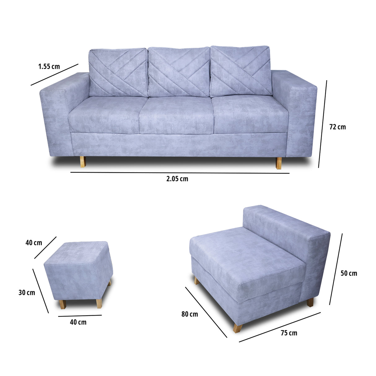 Sala Amsterdam Blanco Nieve 205x72cm de Tela Amigable con Mascotas + Silla + Puff - SOFAS Y POLTRONAS | Bylmo
