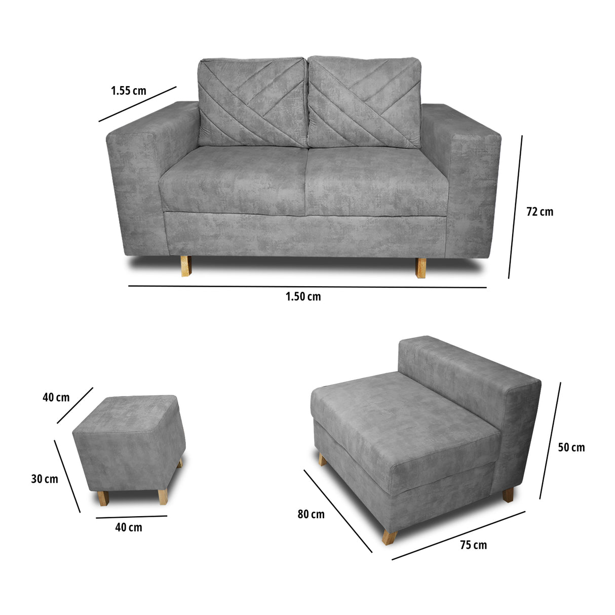 Sala Amsterdam Gris 150x72cm de Tela Amigable con Mascotas + Silla + Puff - SOFAS Y POLTRONAS | Bylmo