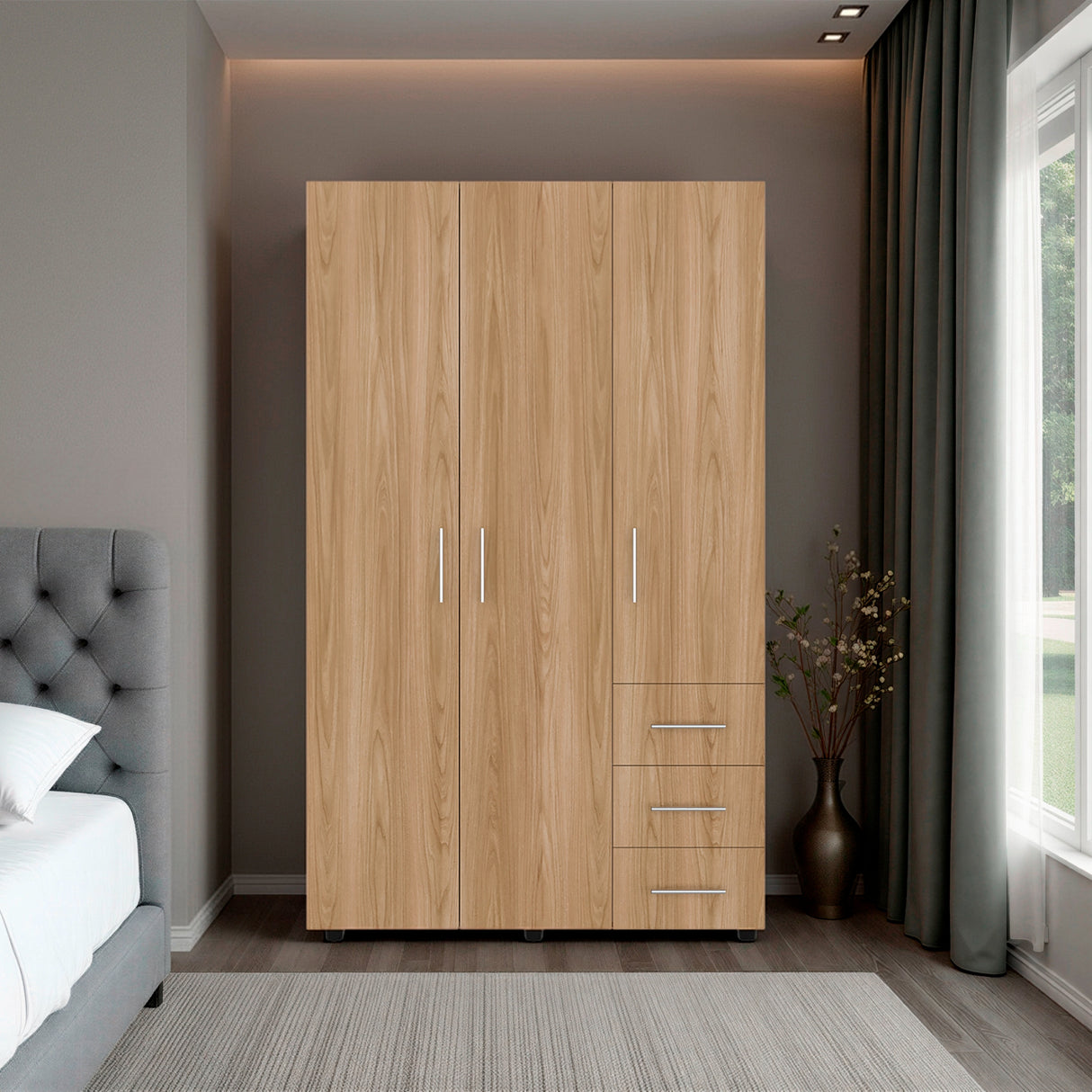Closet Atenas Fresno Europeo y Blanco 120x200cm con Tres Puertas y con Tres Cajones - CLOSETS | Bylmo