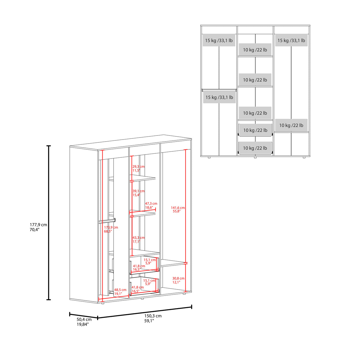 Closet Bariloche Fresno 150.3x177.9cm con Cuatro Puertas y con Dos Cajones - CLOSETS | Bylmo
