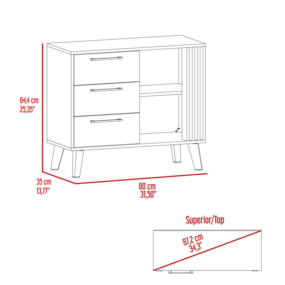 Cajonera Vance Fresno Europeo y Capri 80x64.4cm de Tres Hileras con Tres Cajones - CAJONERAS Y COMODAS | Bylmo