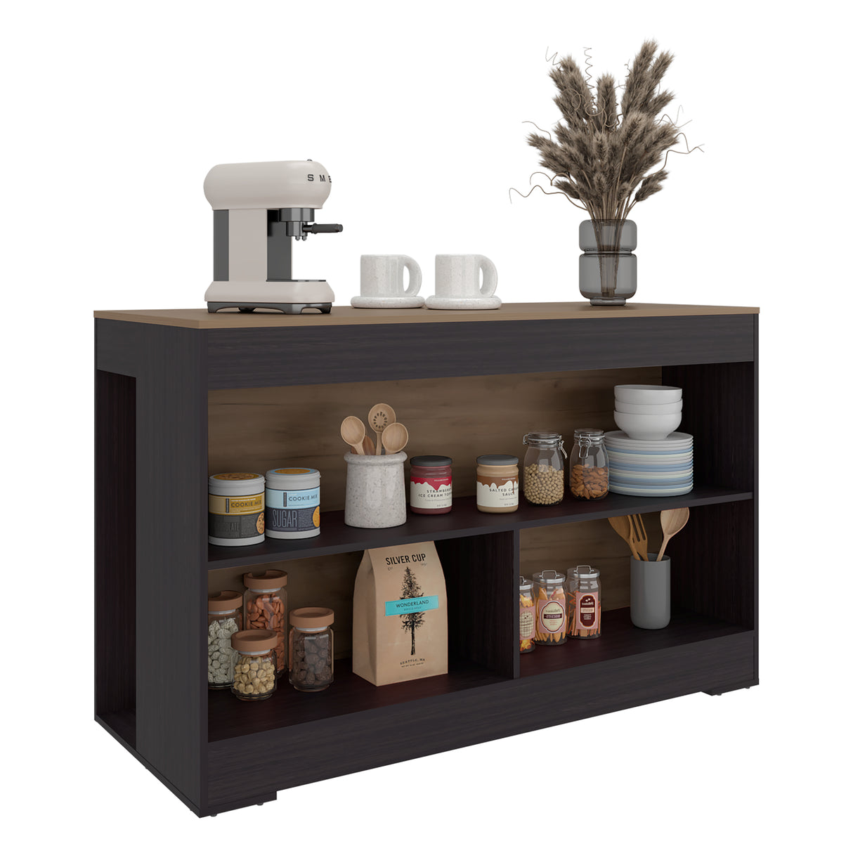 Barra de Cocina Cuenca Wengue y Fresno 138.2x88.5cm con Un Entrepaño y con Tres Compartimientos - BARRAS Y MUEBLES AUXILIARES | Bylmo