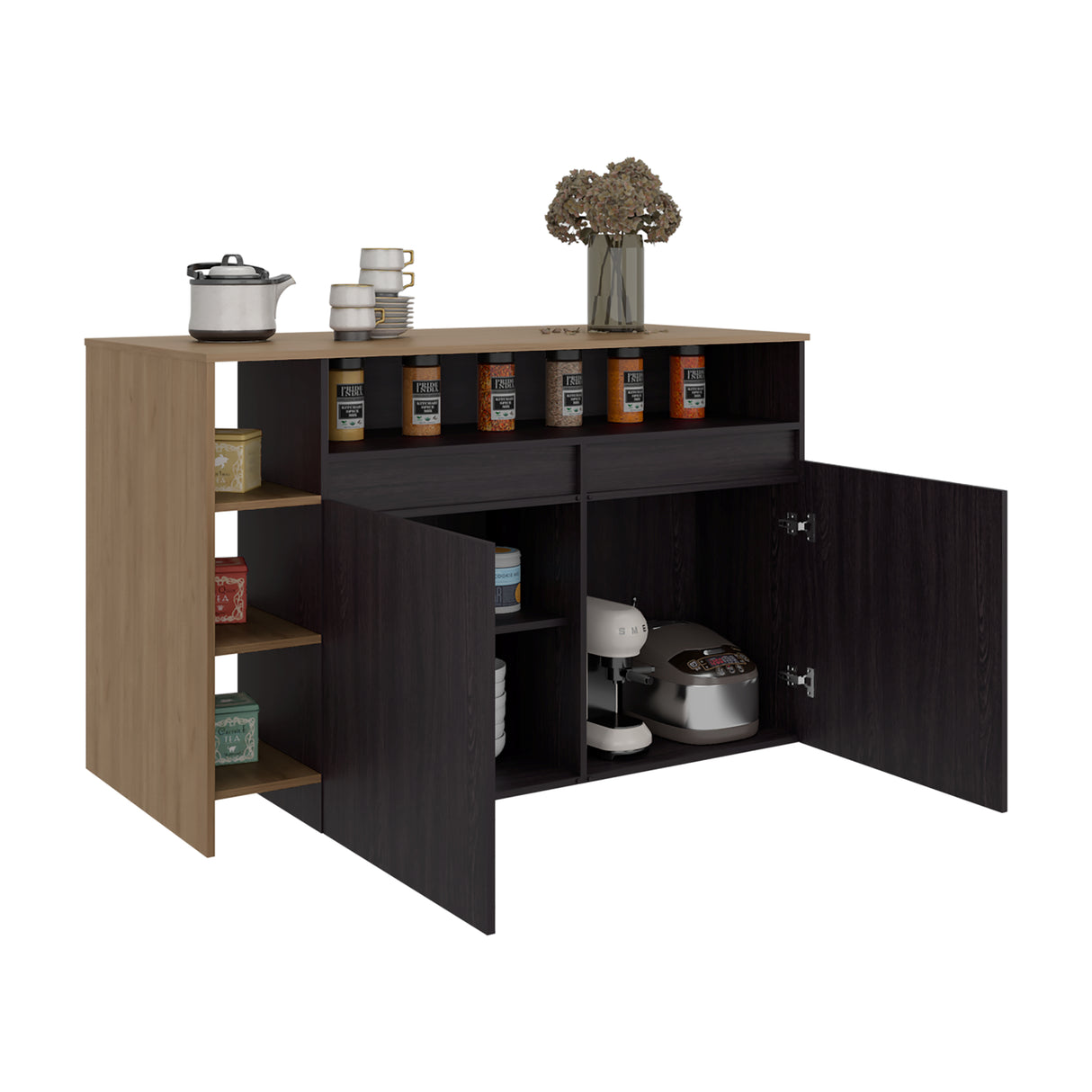 Barra de Cocina Bari Wengue y Fresno 140x90cm con Tres Entrepaños y con Cuatro Compartimientos - BARRAS Y MUEBLES AUXILIARES | Bylmo