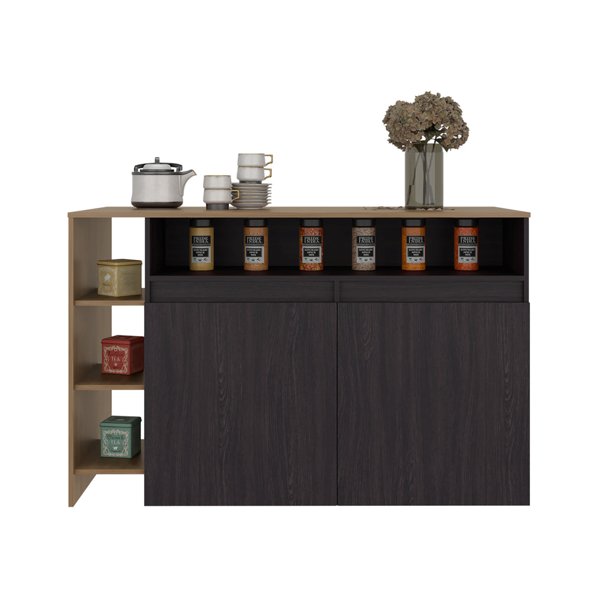 Barra de Cocina Bari Wengue y Fresno 140x90cm con Tres Entrepaños y con Cuatro Compartimientos - BARRAS Y MUEBLES AUXILIARES | Bylmo