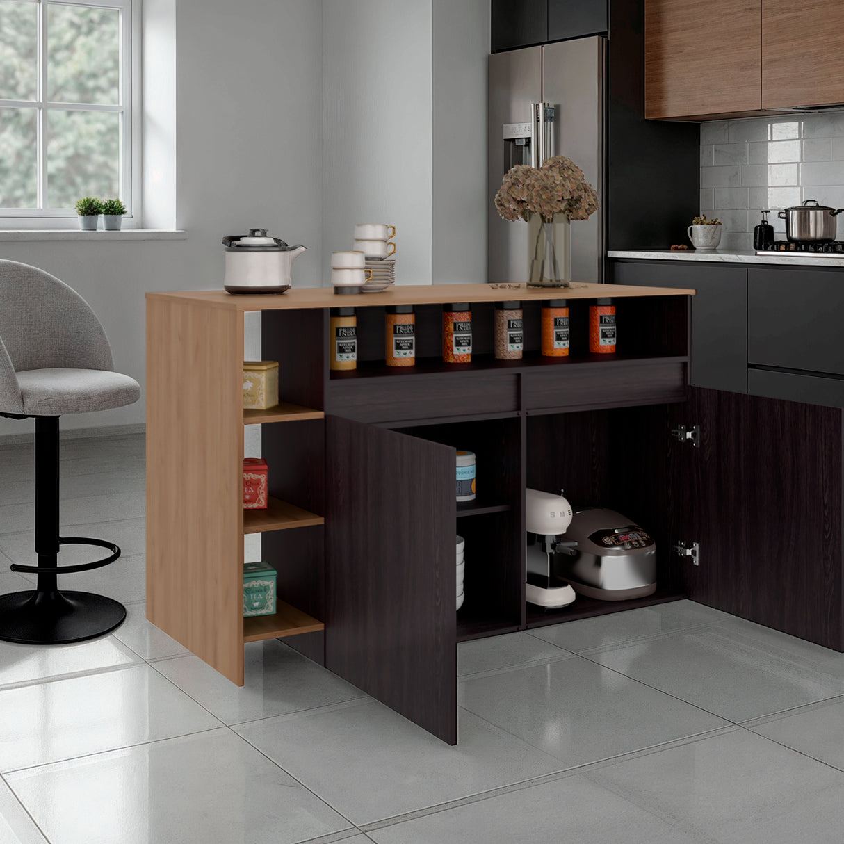 Barra de Cocina Bari Wengue y Fresno 140x90cm con Tres Entrepaños y con Cuatro Compartimientos - BARRAS Y MUEBLES AUXILIARES | Bylmo