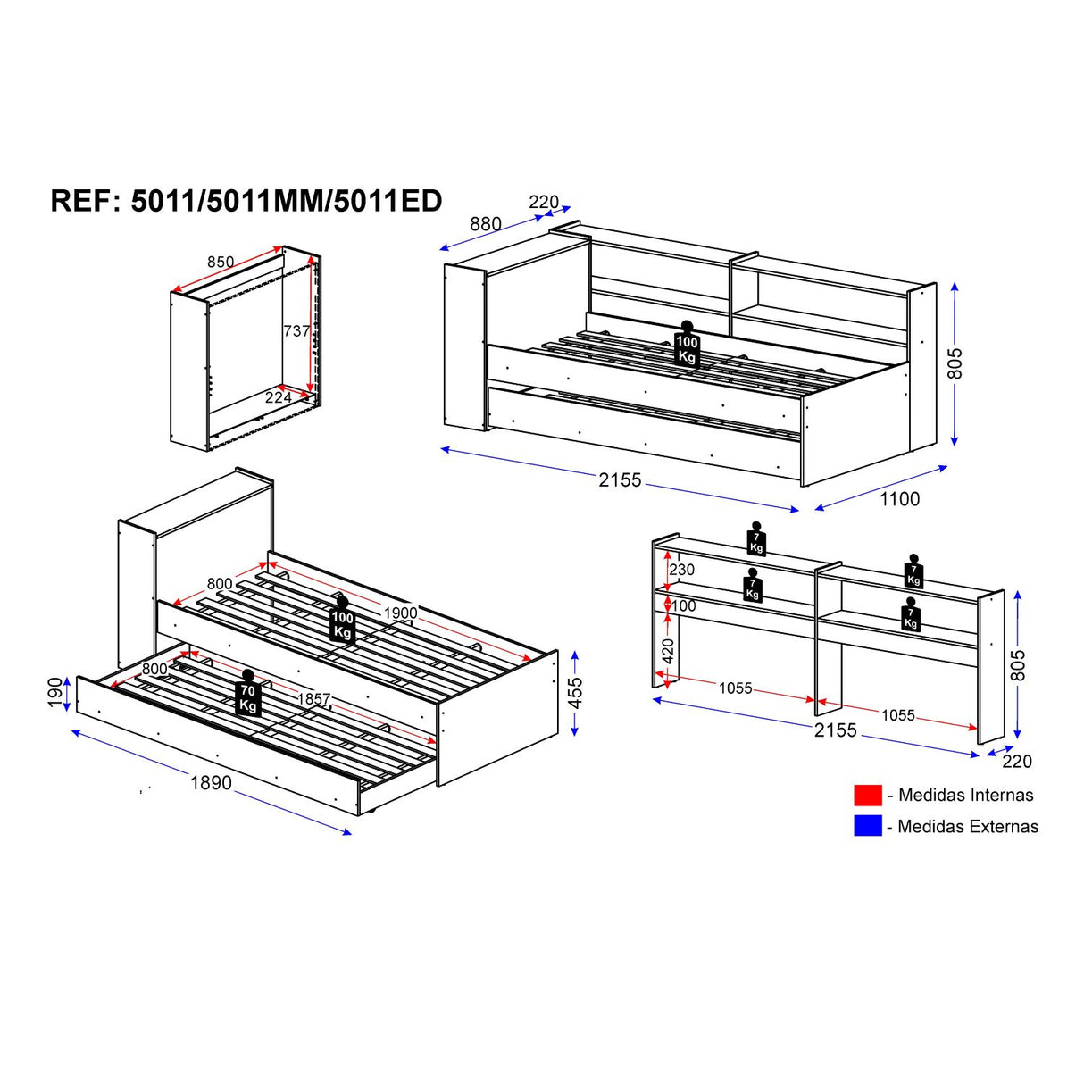 Cama Nido Blanco 110x80cm con Cabecero sin Colchón y con Almacenamiento - CAMAS | Bylmo