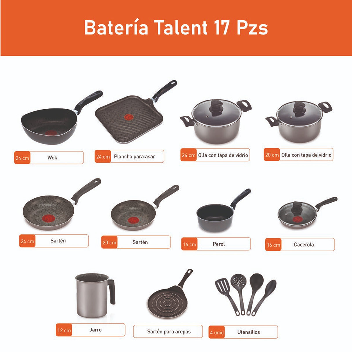 Batería de Cocina Imusa Talent Plateado 27.6x30.8cm de 17 Piezas Antiadherente - OLLAS Y SARTENES | Bylmo