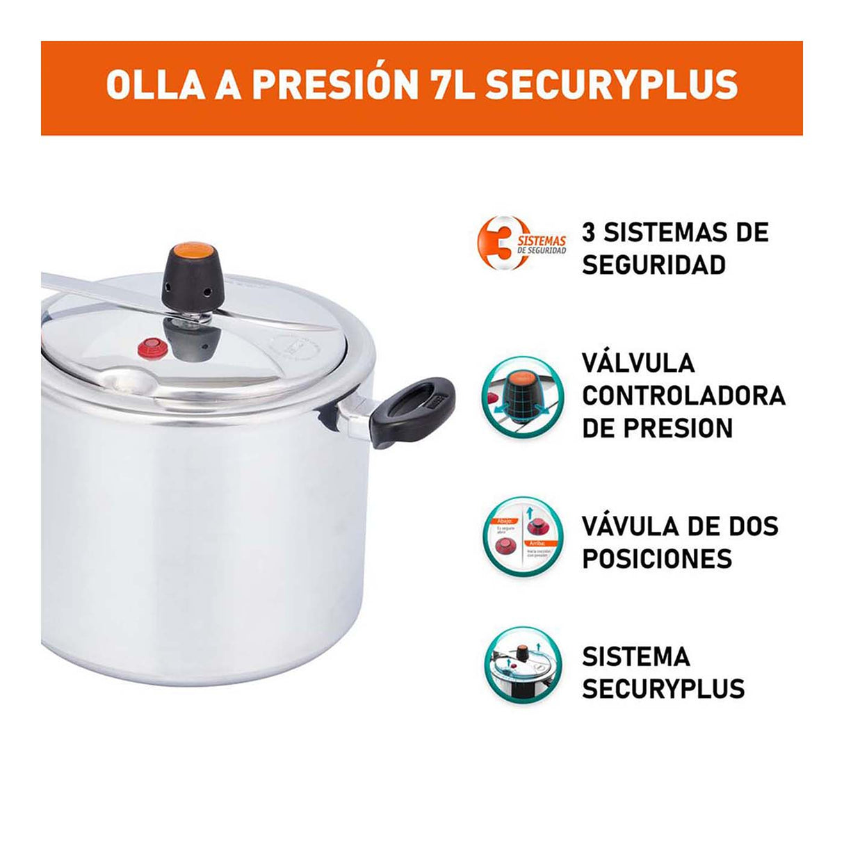 Olla a Presión Imusa SecuryPlus Plateado 23x25.5cm de 7 Litros y Acero Inoxidable - OLLAS Y SARTENES | Bylmo