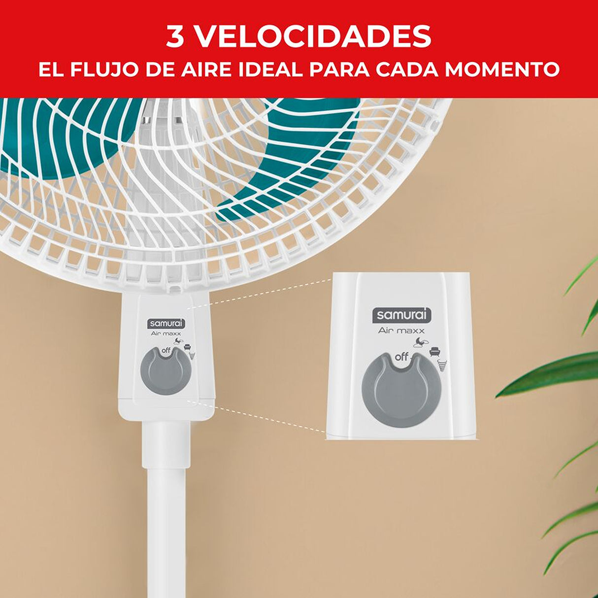 Ventilador de Piso Samurai Air Maxx Blanco 47.4x118cm de 3 Velocidades y con Oscilación - VENTILADORES | Bylmo