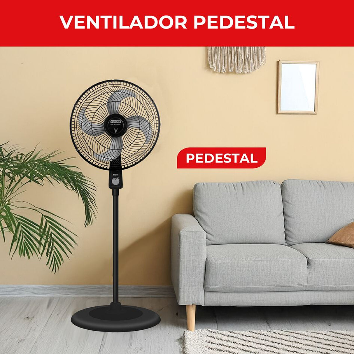 Ventilador de Piso Samurai Air Power Negro 47.4x118cm de 3 Velocidades y con Oscilación - VENTILADORES | Bylmo
