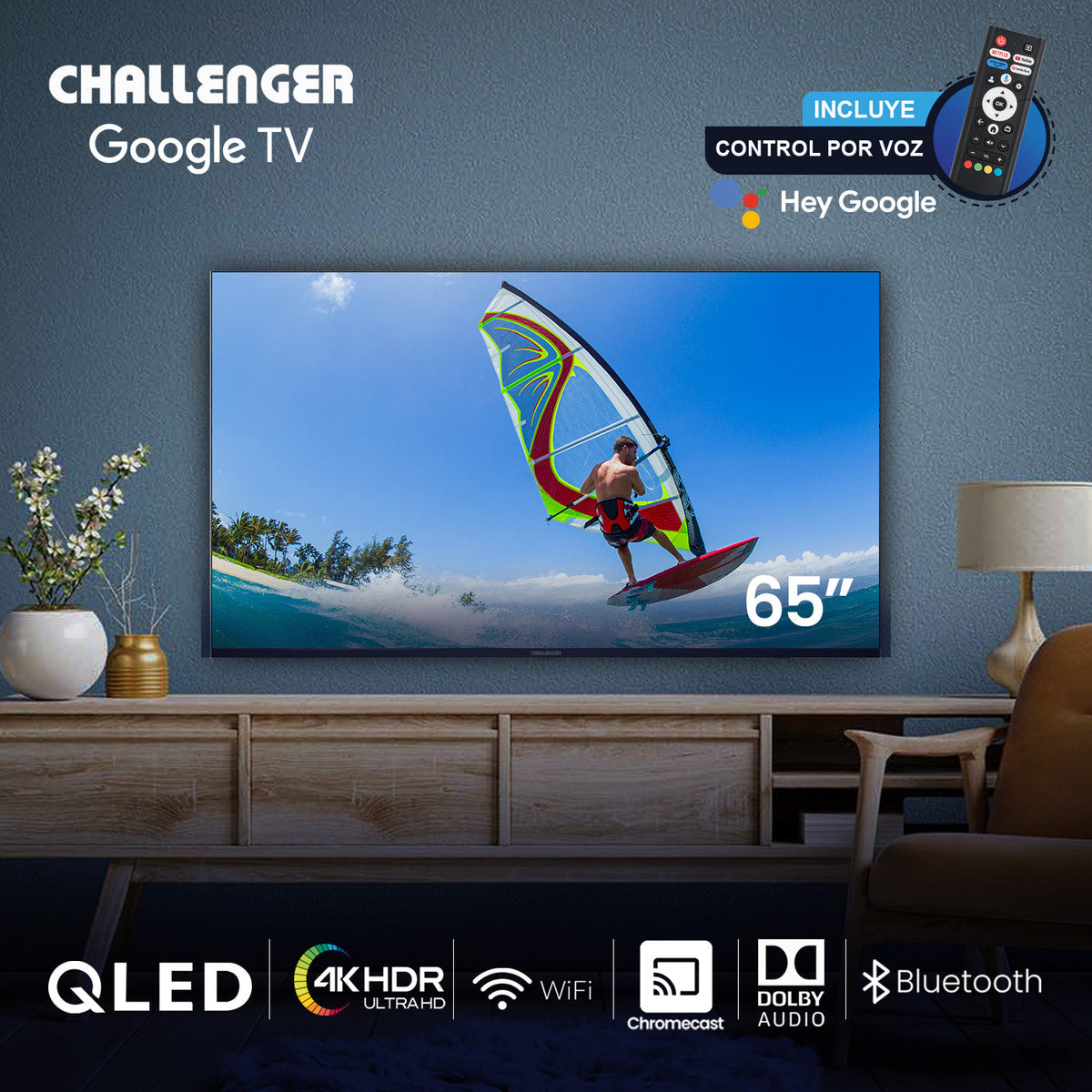 Televisor Challenger Google TV Negro 144.7x84.2cm de 65" Pulgadas Smart QLED 4K con Wifi Integrado y con Bluetooth