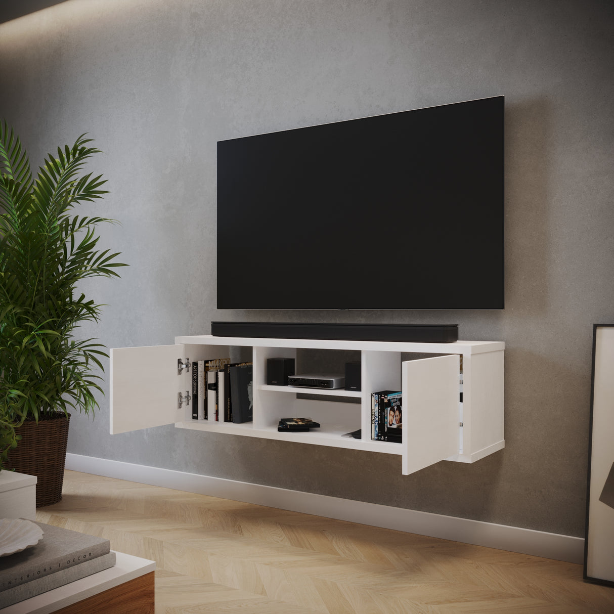 Mesa para TV Flotante Good Blanco 120x35cm para TV Hasta 50" Pulgadas con Dos Compartimientos - MUEBLES DE TV | Bylmo