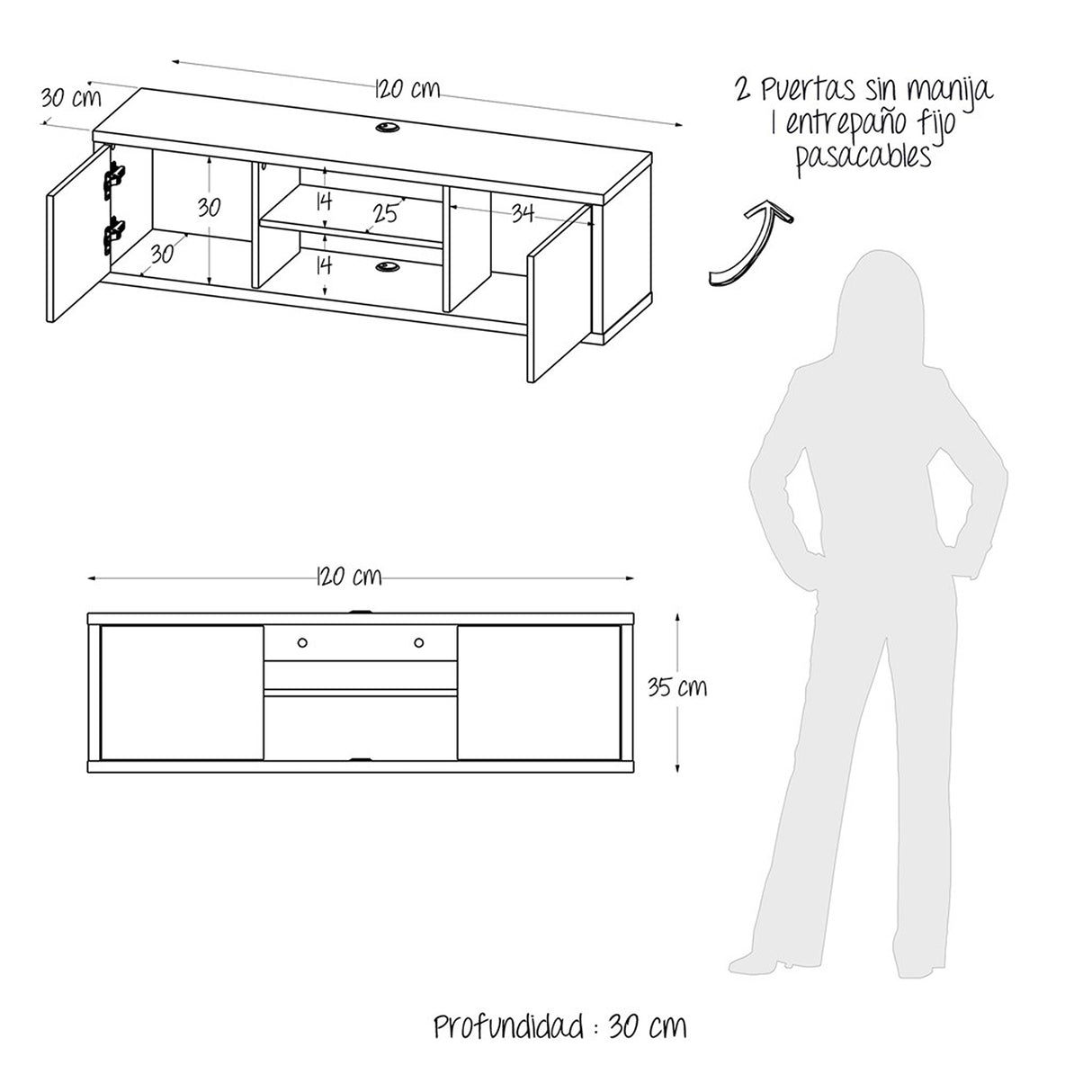 Mesa para TV Flotante Good Blanco 120x35cm para TV Hasta 50" Pulgadas con Dos Compartimientos - MUEBLES DE TV | Bylmo
