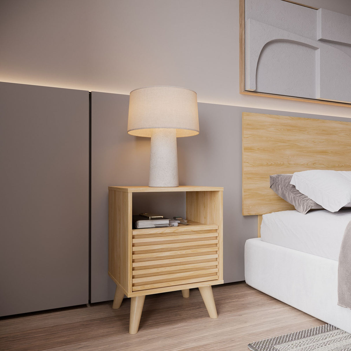 Mesa de Noche Nori Miel 45x63cm con Un Cajón Un Compartimiento y con Patas - MESAS DE NOCHE | Bylmo