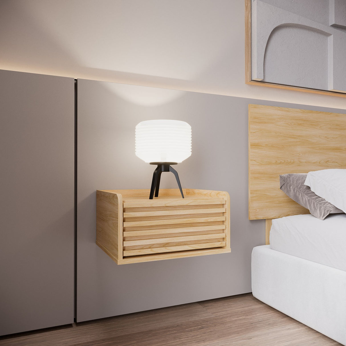 Mesa de Noche Flotante Nori Miel 43x23cm con Un Cajón y Un Compartimiento - MESAS DE NOCHE | Bylmo