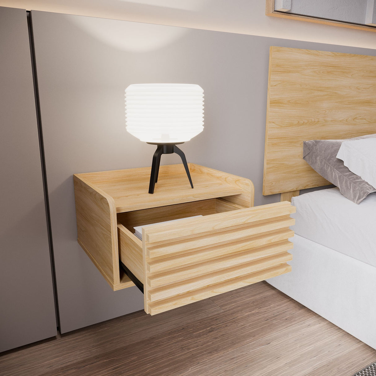 Mesa de Noche Flotante Nori Miel 43x23cm con Un Cajón y Un Compartimiento - MESAS DE NOCHE | Bylmo