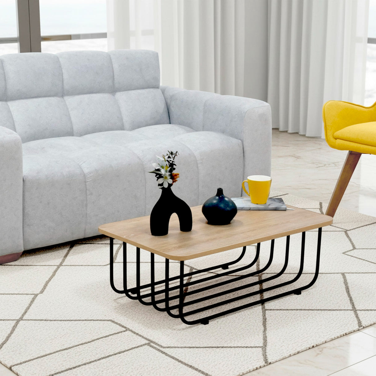 Mesa de Centro Lema Oasis y Negro Metálico 80x28cm Rectangular con Patas Metálicas Continuas - MESAS DE CENTRO | Bylmo