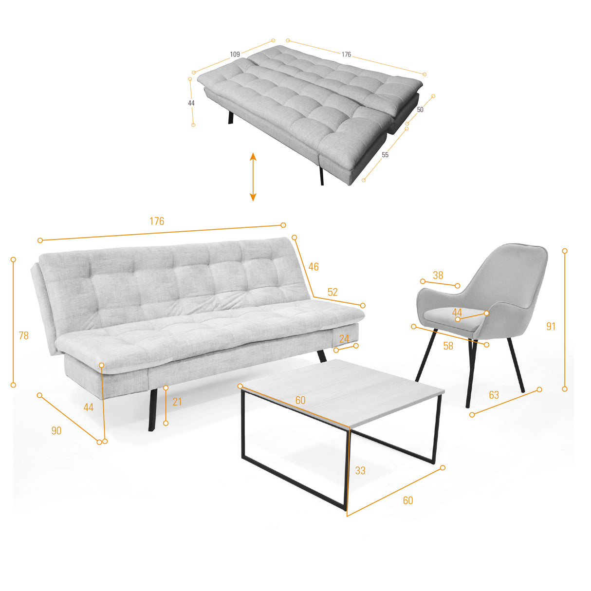 Sala Milan Beige y Mostaza 176x78cm de Cuatro Puestos y Sin Apoya Brazos - SOFAS Y POLTRONAS | Bylmo