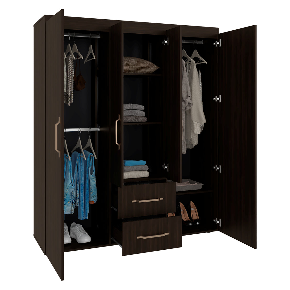 Closet Bariloche Nogal 150.3x177.9cm con Cuatro Puertas y con Dos Cajones - CLOSETS | Bylmo