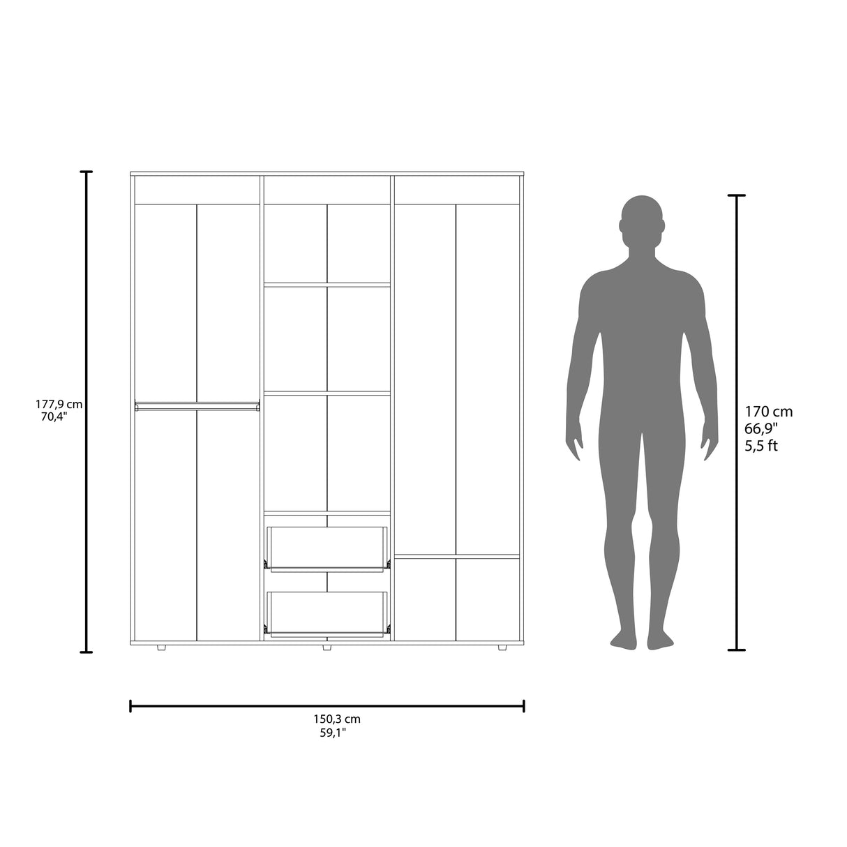 Closet Bariloche Nogal 150.3x177.9cm con Cuatro Puertas y con Dos Cajones - CLOSETS | Bylmo