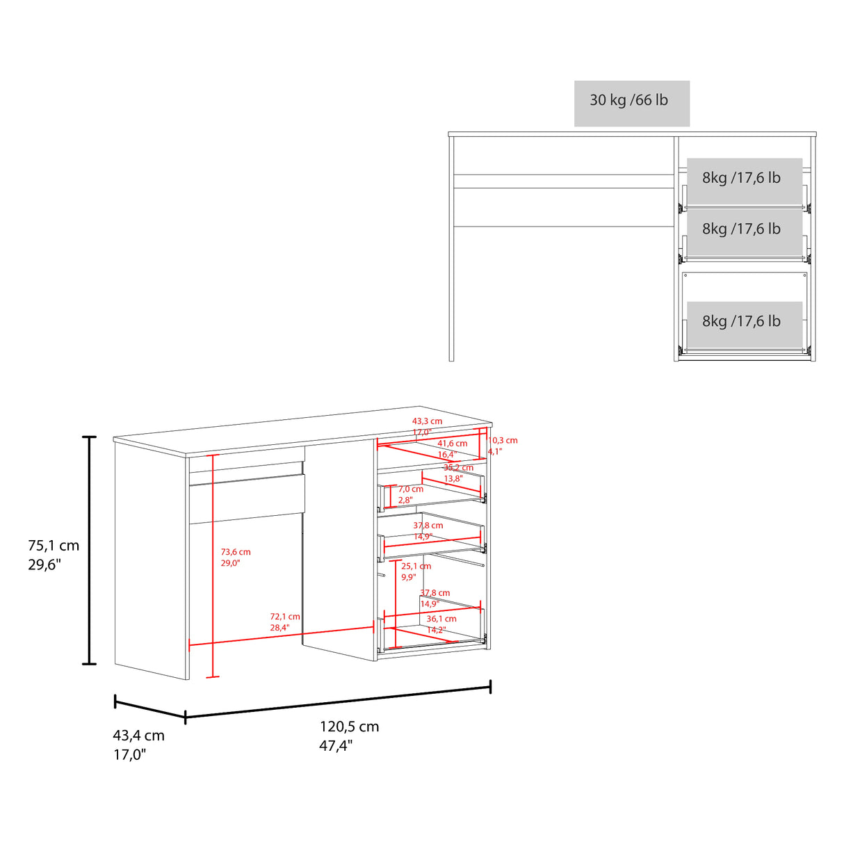 Escritorio Dublin Blanco 120.5x75.1cm con Tres Cajones - ESCRITORIOS | Bylmo