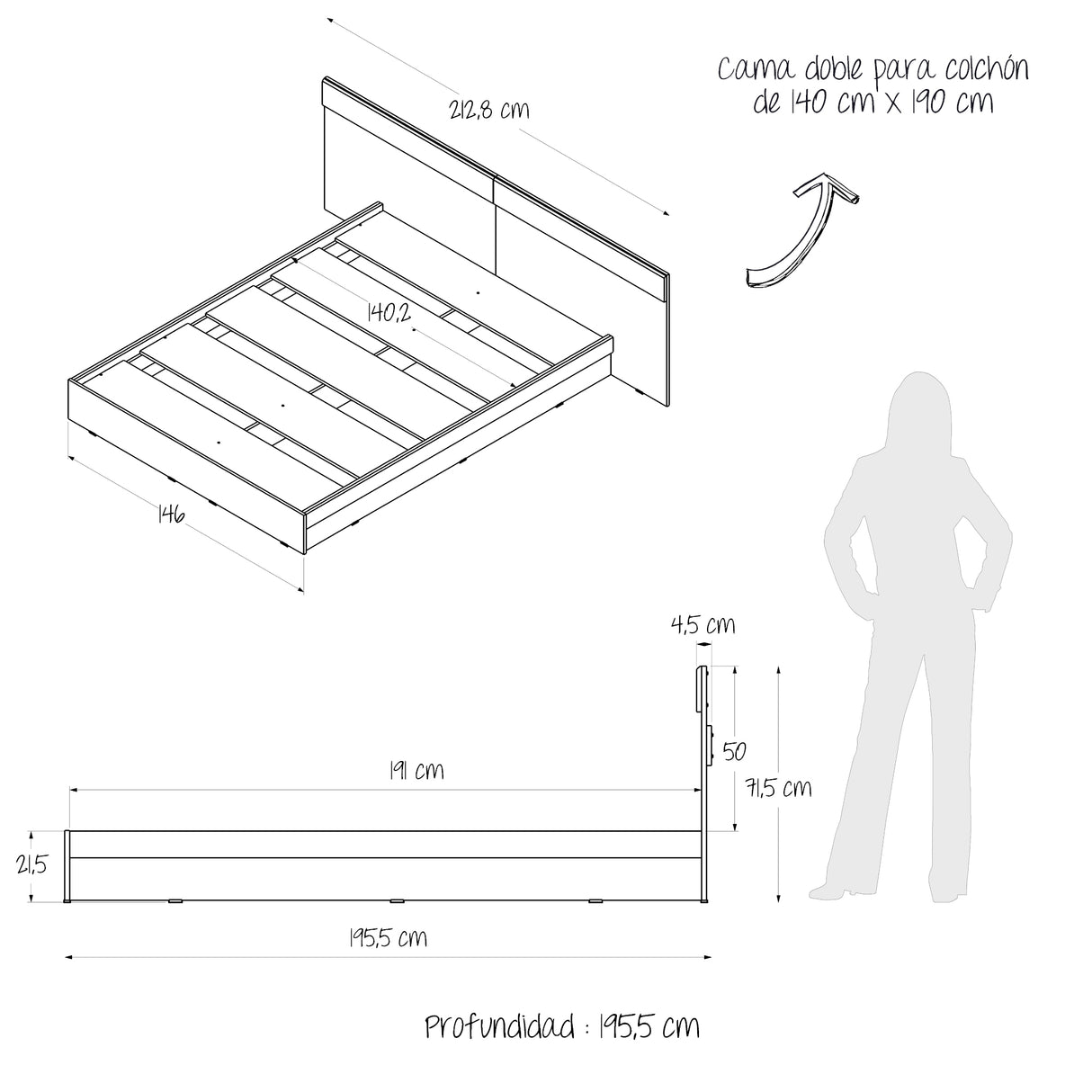 Base Cama Verona Gales y Wengue 212x71cm para Cama Doble 140 X 200 Cm con Cabecero - CAMAS | Bylmo
