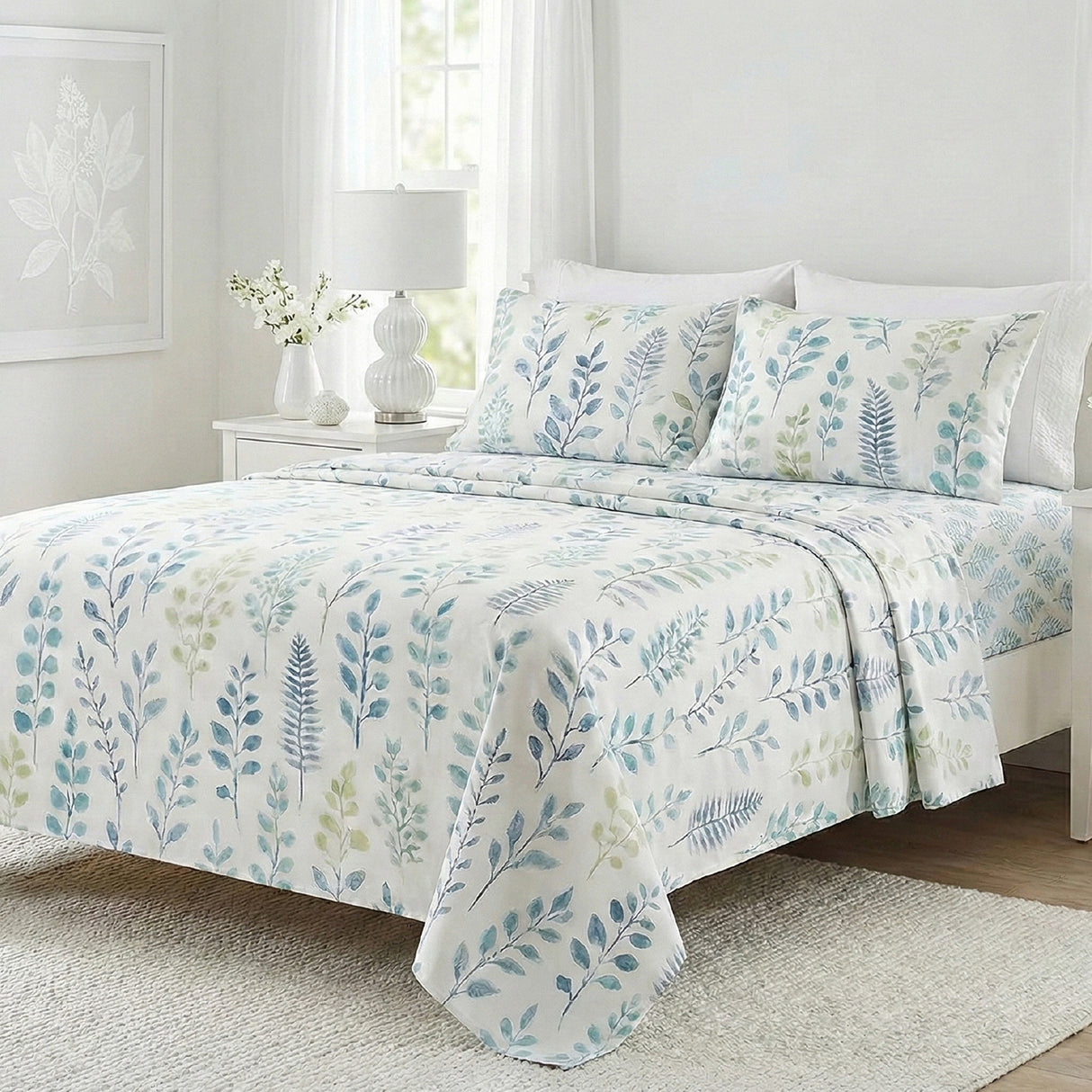 Juego de Sabanas Botanic Print Blanco para colchón Doble 140 X 190 Cm 200 Hilos Con Elastico - SABANAS | Bylmo