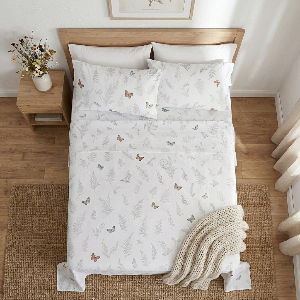 Juego de Sabanas Butterfly Print Blanco para colchón Sencillo 100 X 190 Cm 200 Hilos Con Elastico - SABANAS | Bylmo