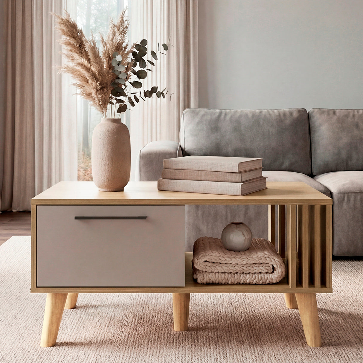 Mesa de Centro Vance Capri y Fresno Europeo 80x40cm Rectangular con Patas y Compartimiento - MESAS DE CENTRO | Bylmo