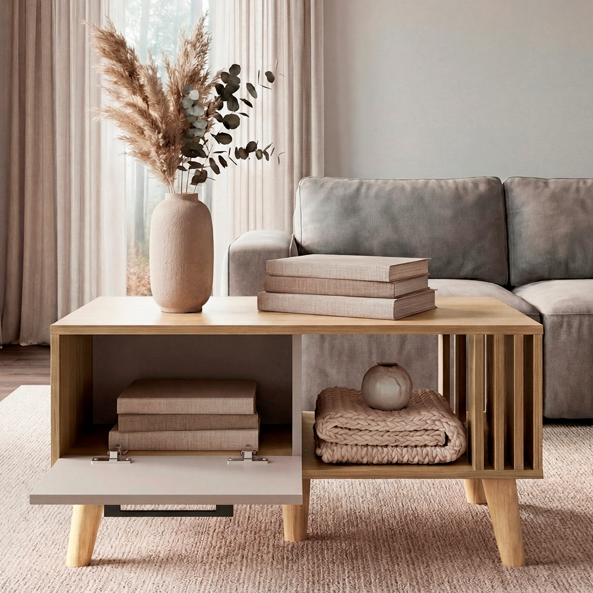 Mesa de Centro Vance Capri y Fresno Europeo 80x40cm Rectangular con Patas y Compartimiento - MESAS DE CENTRO | Bylmo