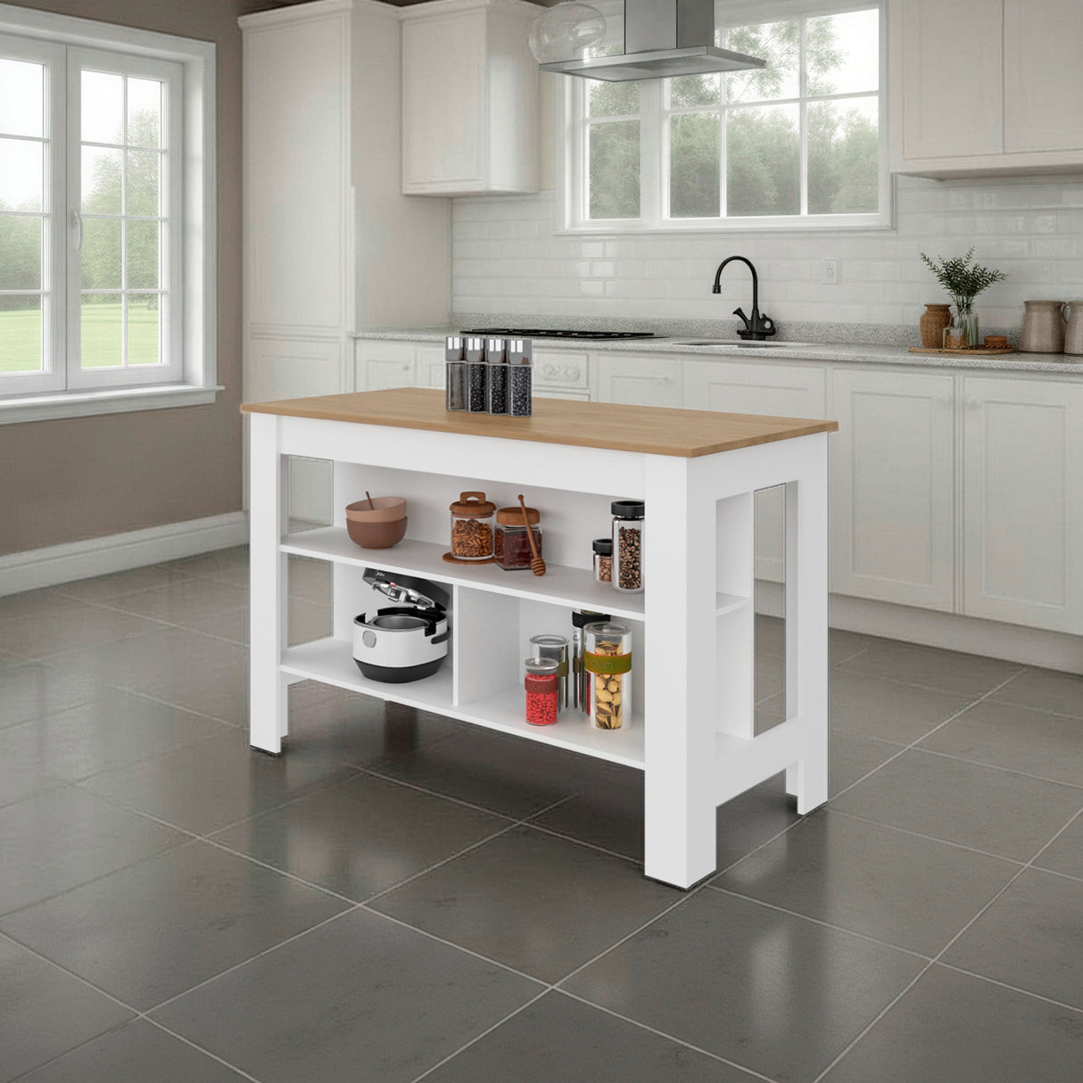 Isla de Cocina Cala Blanco y Fresno 138.3x90cm Con Tres Compartimientos y Un Entrepaño - BARRAS Y MUEBLES AUXILIARES | Bylmo