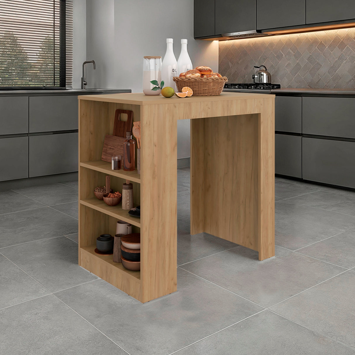Isla de Cocina Portree Fresno 92x91.3cm Con Tres Compartimientos y Dos Entrepaños - BARRAS Y MUEBLES AUXILIARES | Bylmo
