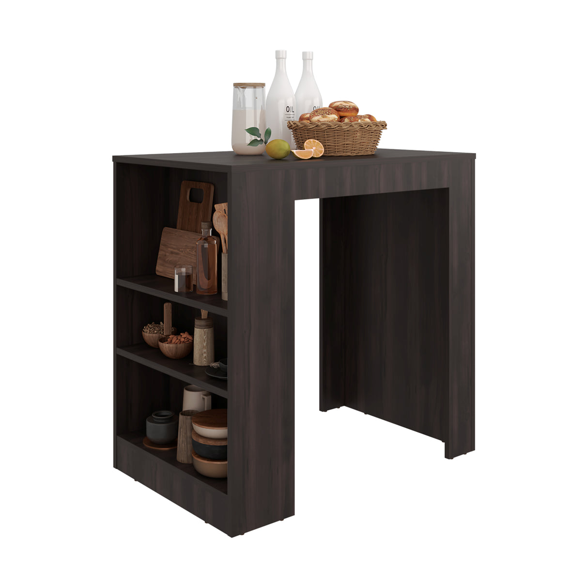 Isla de Cocina Portree Nogal 92x91.3cm Con Tres Compartimientos y Dos Entrepaños - BARRAS Y MUEBLES AUXILIARES | Bylmo