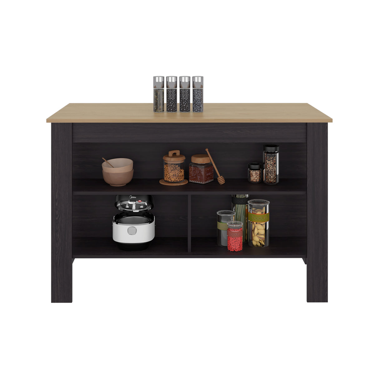 Isla de Cocina Cala Wengue y Fresno 138.3x90cm Con Tres Compartimientos y Un Entrepaño - BARRAS Y MUEBLES AUXILIARES | Bylmo