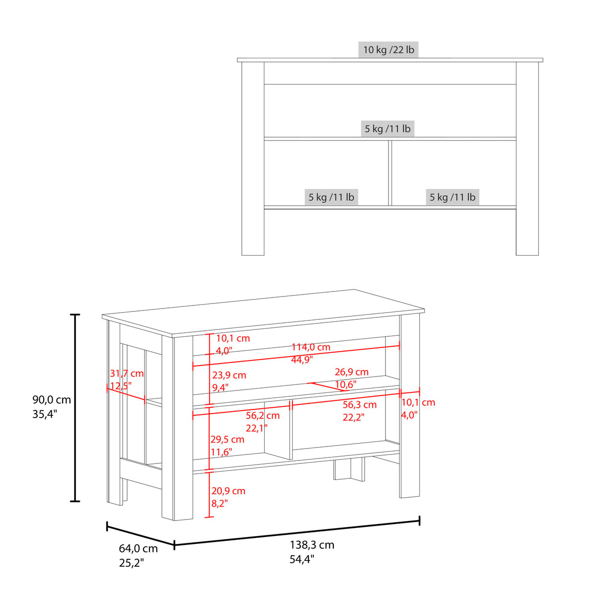 Isla de Cocina Cala Wengue y Fresno 138.3x90cm Con Tres Compartimientos y Un Entrepaño - BARRAS Y MUEBLES AUXILIARES | Bylmo