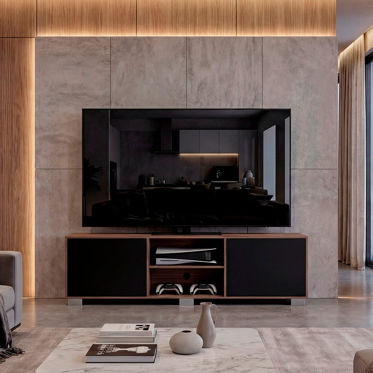 Rack de TV Classic Avellana y Wengue 180x52.5cm para TV Hasta 70" Pulgadas con Cuatro Compartimientos