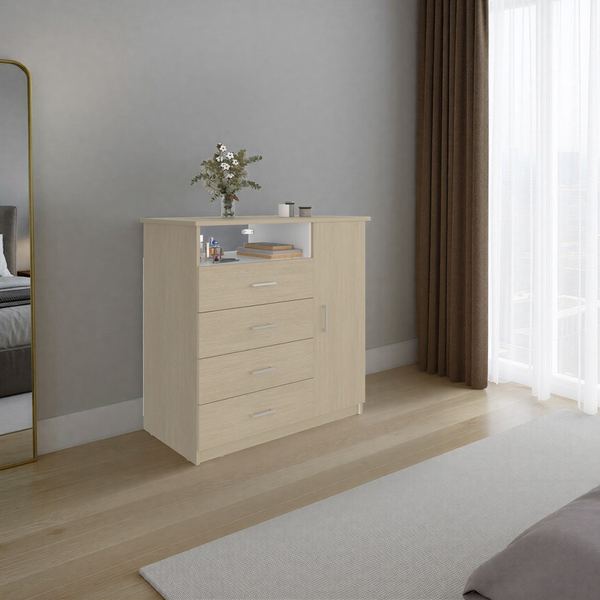 Cómoda Z 91 Cartagena y Blanco 91x88.6cm De Cuatro Hileras con Cuatro Cajones y con Espacio para TV