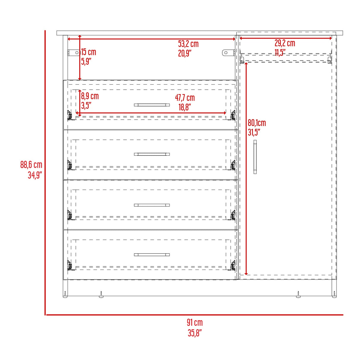 Cómoda Z 91 Cartagena y Blanco 91x88.6cm De Cuatro Hileras con Cuatro Cajones y con Espacio para TV