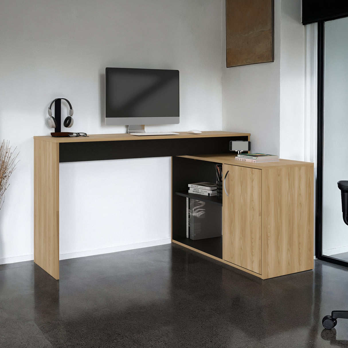 Escritorio en L Axis Eco Fresno y Wengue 125x71cm con Organizador de Libros y sin Cajones - ESCRITORIOS | Bylmo