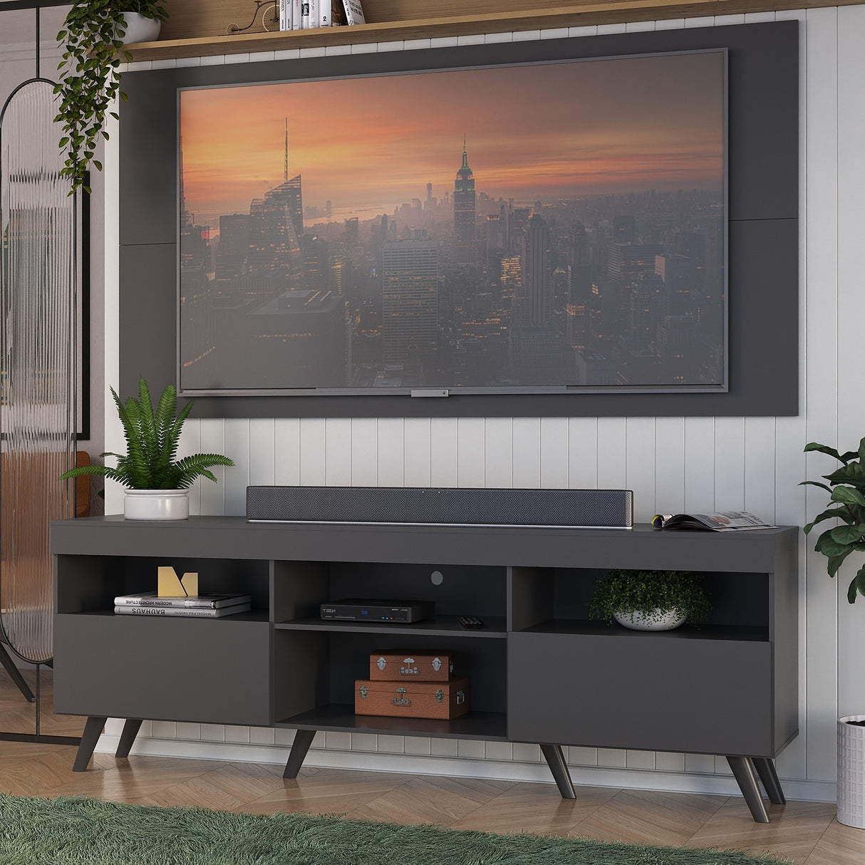 Combo Rack con Panel de Tv Florida Negro 175x63cm para Tv Hasta 65" Pulgadas con Dos Cajones y con Cuatro Compartimientos - MUEBLES DE TV | Bylmo