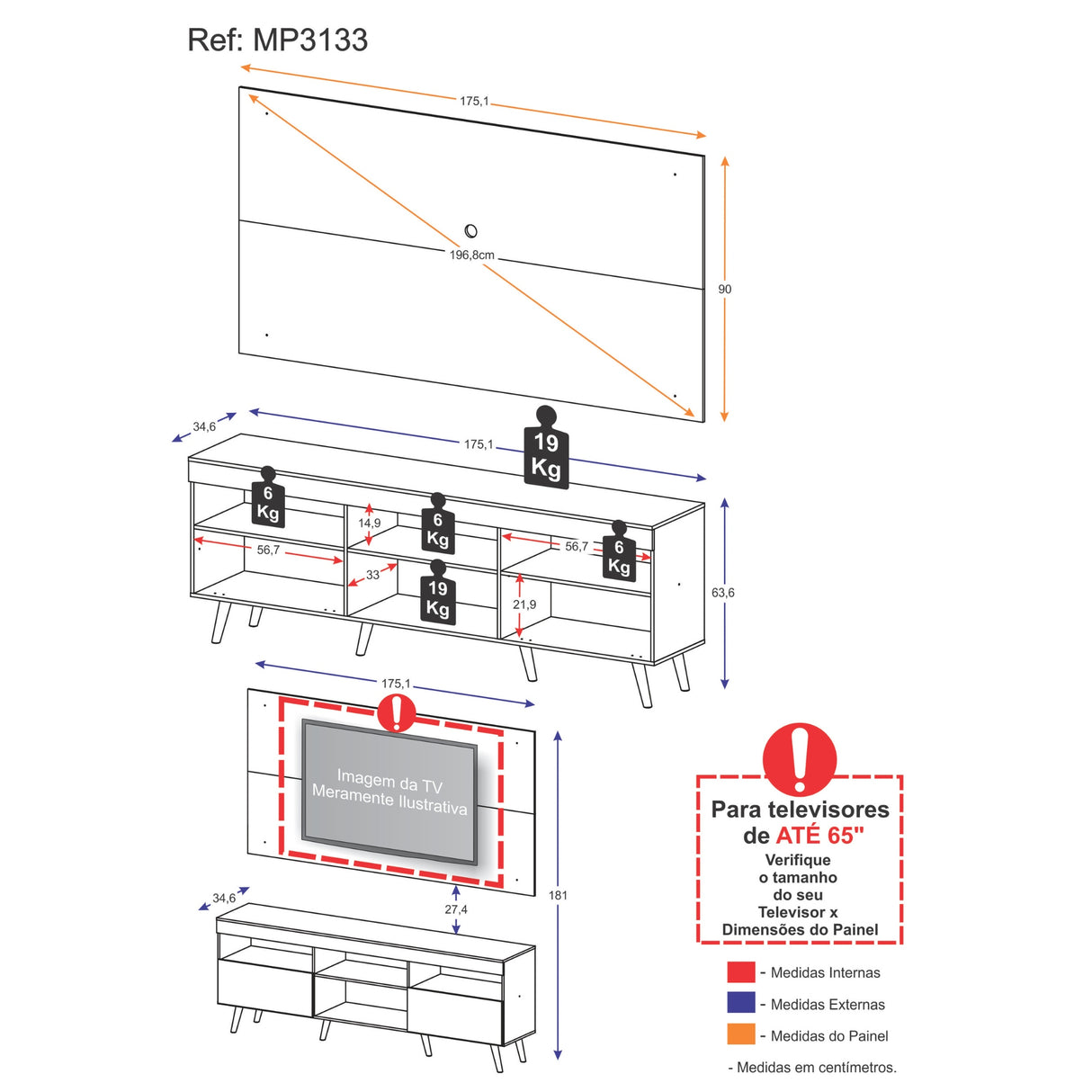 Combo Rack con Panel de Tv Florida Marrón 175x63cm para Tv Hasta 65" Pulgadas con Dos Cajones y con Cuatro Compartimientos - MUEBLES DE TV | Bylmo