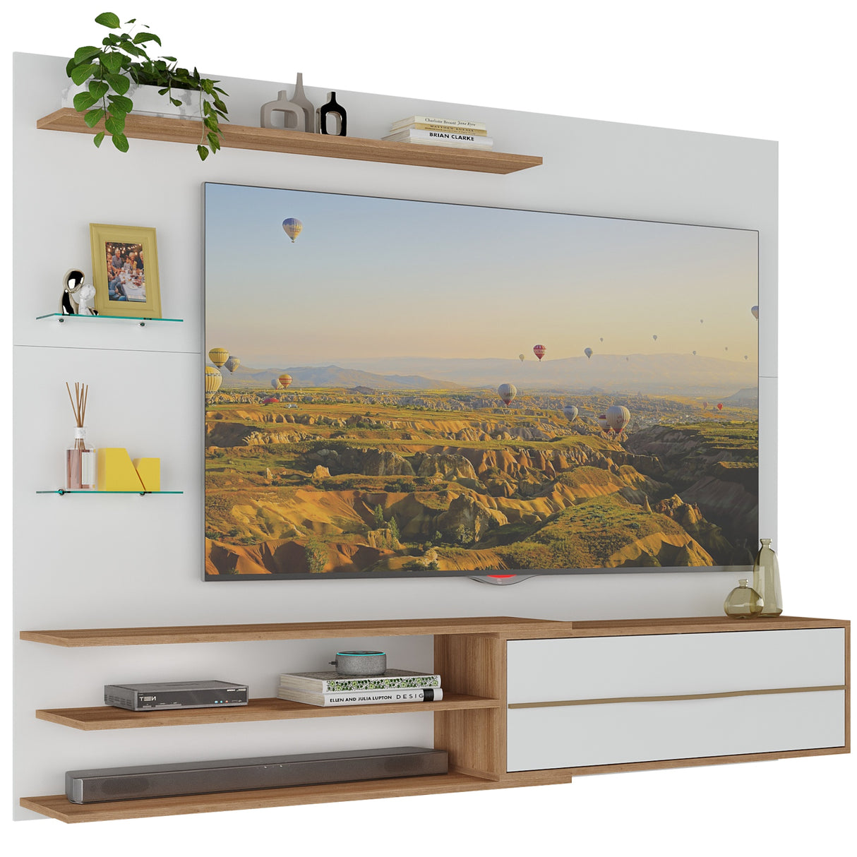 Centro de Entretenimiento Rio Blanco y Marrón 180x141cm para Tv Hasta 65" Pulgadas con Un Cajón y con Cinco Compartimientos - MUEBLES DE TV | Bylmo