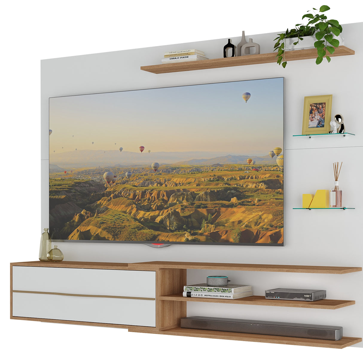 Centro de Entretenimiento Rio Blanco y Marrón 180x141cm para Tv Hasta 65" Pulgadas con Un Cajón y con Cinco Compartimientos - MUEBLES DE TV | Bylmo