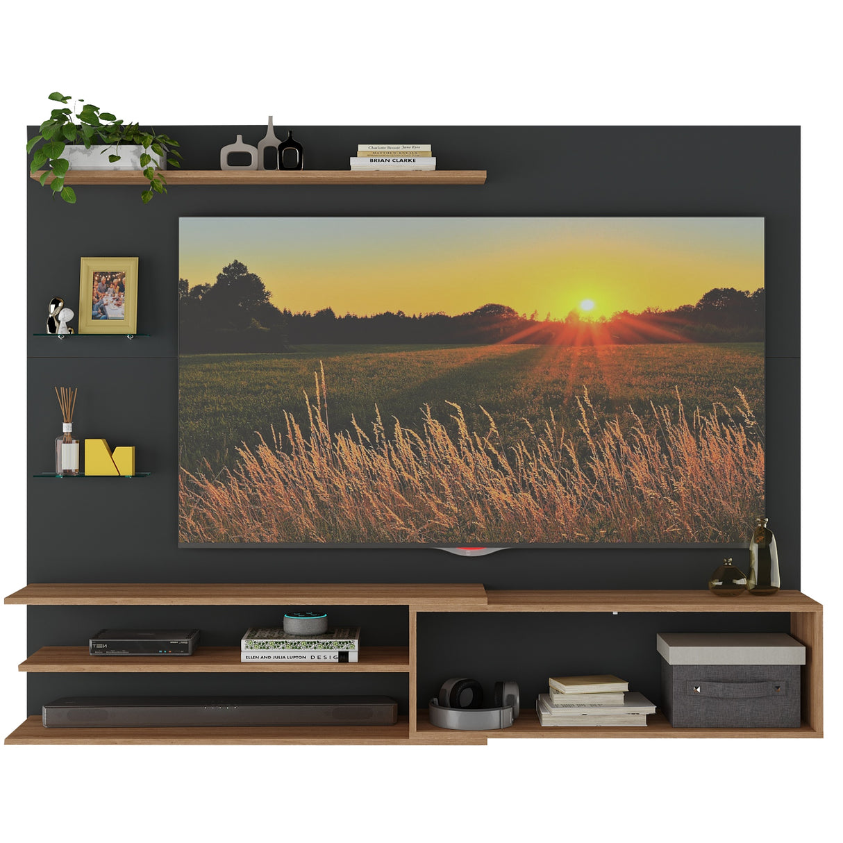 Centro de Entretenimiento Rio Negro y Marrón 180x141cm para Tv Hasta 65" Pulgadas con Un Cajón y con Cinco Compartimientos - MUEBLES DE TV | Bylmo