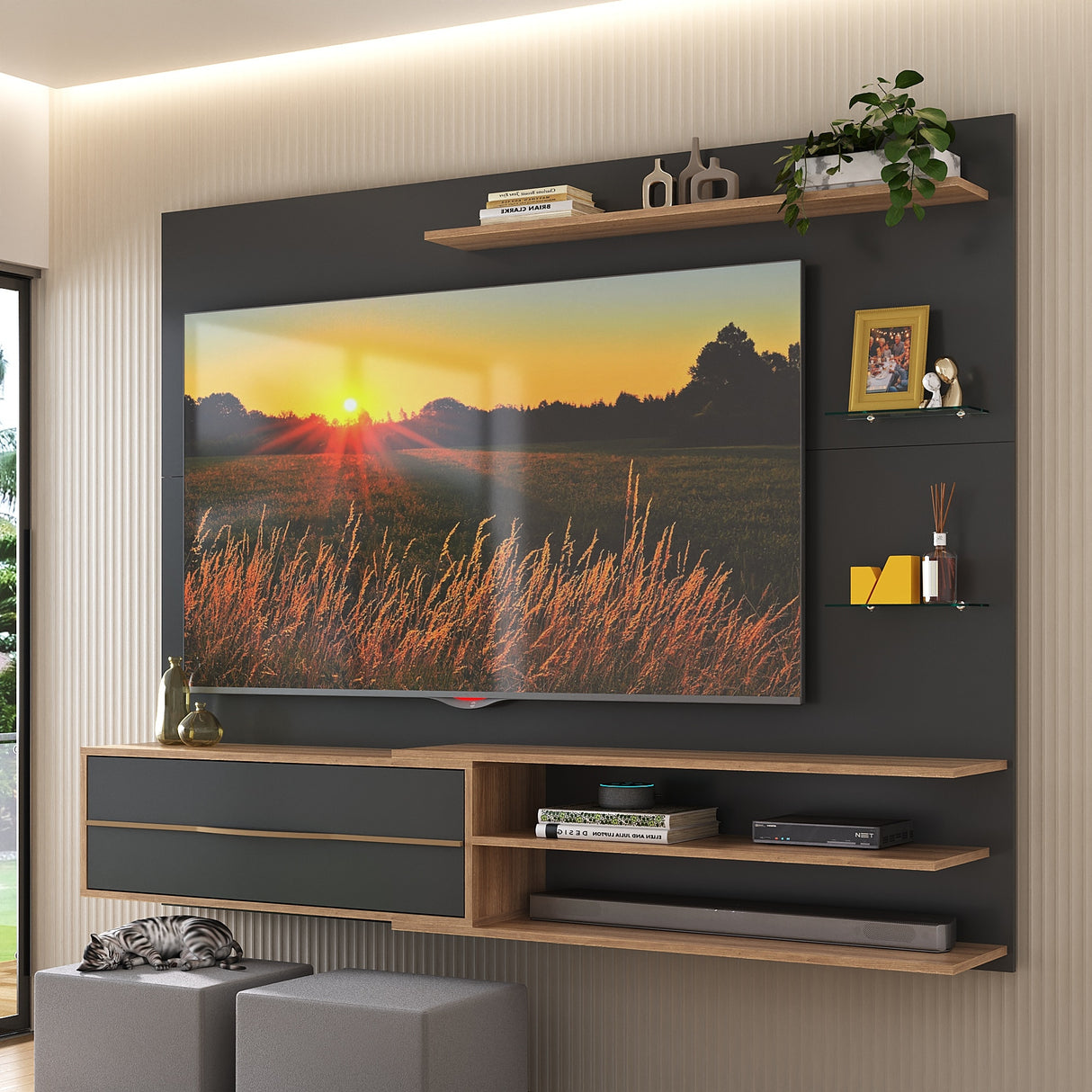 Centro de Entretenimiento Rio Negro y Marrón 180x141cm para Tv Hasta 65" Pulgadas con Un Cajón y con Cinco Compartimientos - MUEBLES DE TV | Bylmo